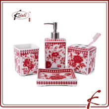 good quality square shape stoneware bathroom set with red pattern